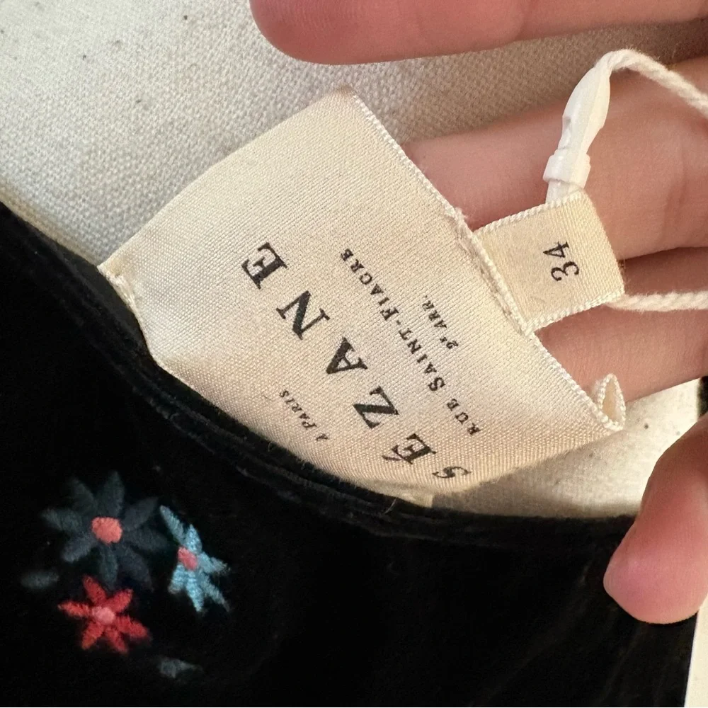 SEZANE Velvet Titiane Dress Midi Floral Embroidered In Noir Broderie Size 34 NWT